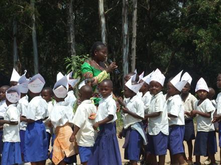School children during a conservation day playing games and reciting poems on wildlife.