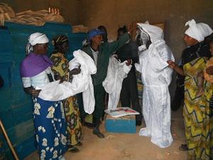 Cooperative members trying the bee suits.