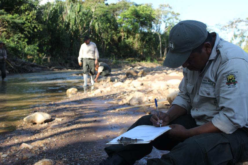 Madidi park guard Alex Nae recording water levels.
