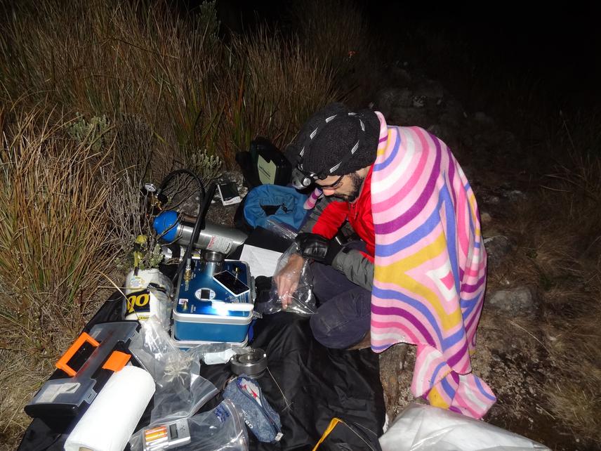 The Professor Bruno H. P. Rosado performing measurements of pre-dawn leaf water potential in grasslands species of the Itatiaia National park (Rio de Janeiro, Brazil).