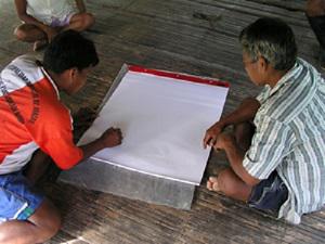 Maijuna individuals drawing a map of the Sucusari River basin.