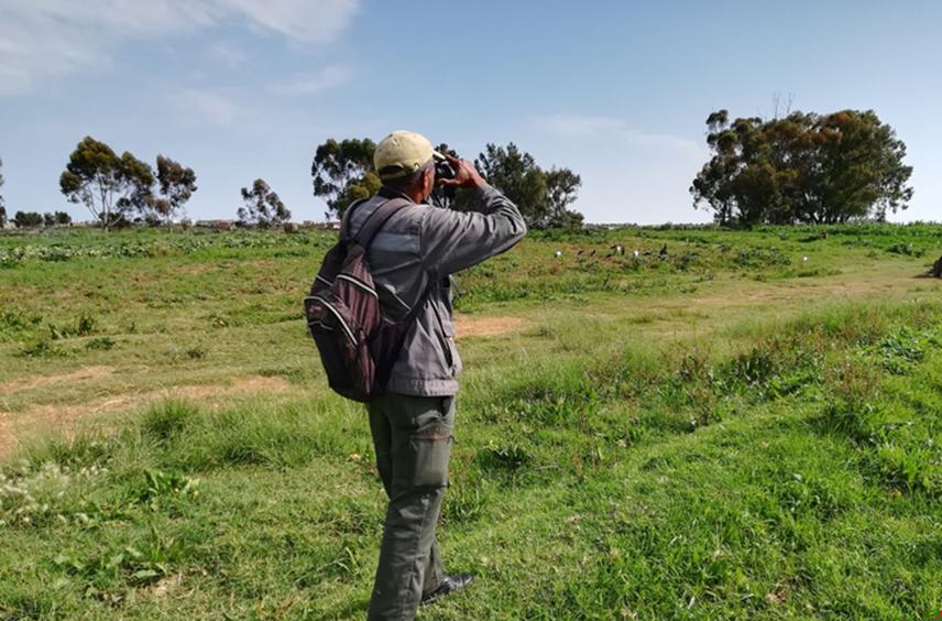 Team member, while counting birds in the field.