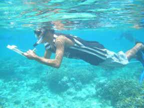 R J Laranjo conducting a fish visual census inside the Selinog Reserve.