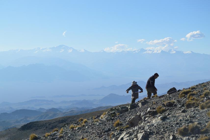 Technicians from the Villavicencio Reserve (J.M and M.B) collecting vegetation samples in the Uspallata Mountains during GLORIA surveys. (c) Bruno Alzugaray