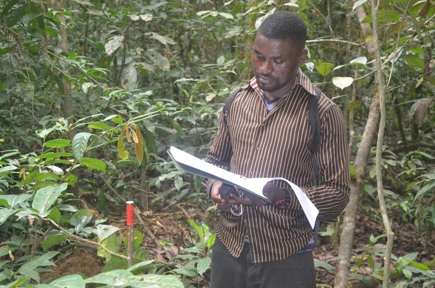 Documenting hunting signs (spent gun shell) in the Ebo forest. ©Eric Ngansop.