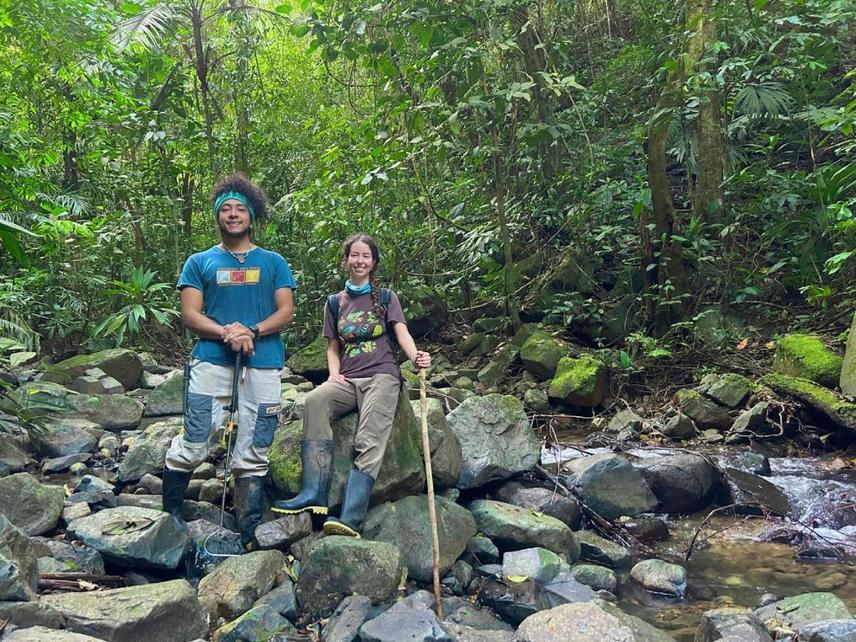 Erick Barría and Camila Shannon looking for Atelopus limosus in a section of river in which the species has been historically reported