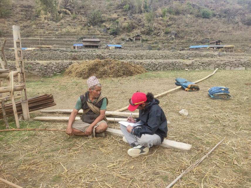 Conducting interviews with local herders in Sikles and Tangting to understand livestock depredation, forest dependency, and perceptions towards dholes. Copyright: © Prabal Bir Jung Ran