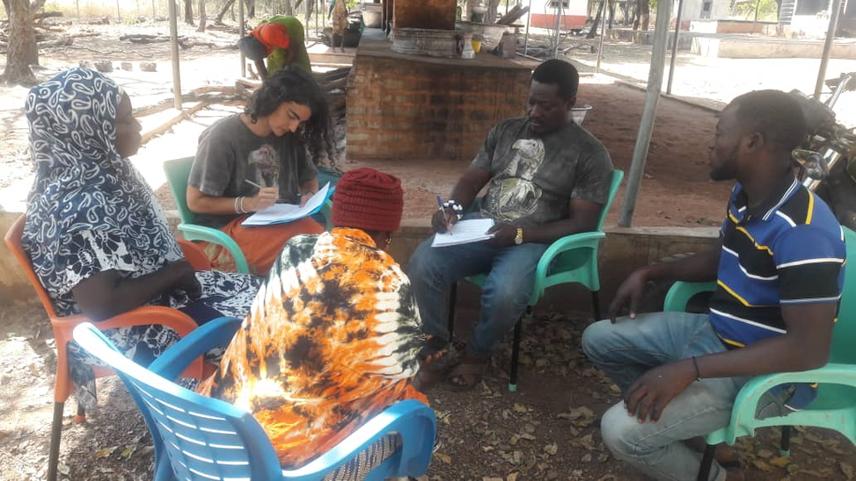 Sandra Goded and Nathaniel Annorbah performing interviews on vultures to community members at Yazori commmunity, close to Mole National park. November 2024 (c) Obed Chonga.