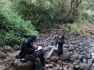 Mfombo and Confidence at a bird count station in Laikom, Fundong.