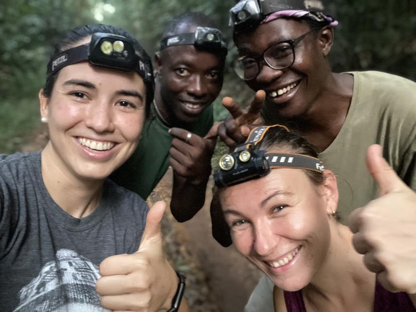 Part of the field team in Ankasa Resource Reserve, ready for a night of bat surveys. (C) Cecilia Montauban