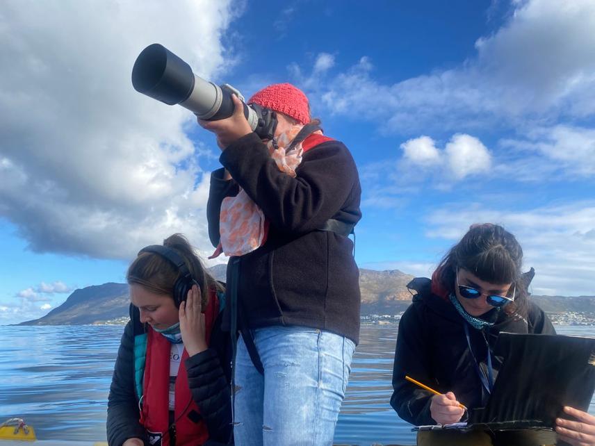 Seasearch team (L to R Sasha Dines, Tess Gridley, Cat Nadin) working with dolphins at sea off Cape Town, South Africa - collecting Underwater Acoustics, photo Id and behavioural data © Copyright Seasearch research and conservation