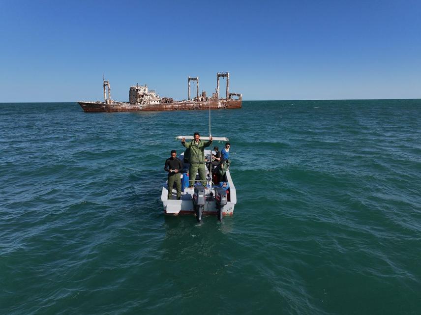 The BRUVS team anchored in front of an old, stranded commercial vessel during deployments ©Mohamed Abou Gueye